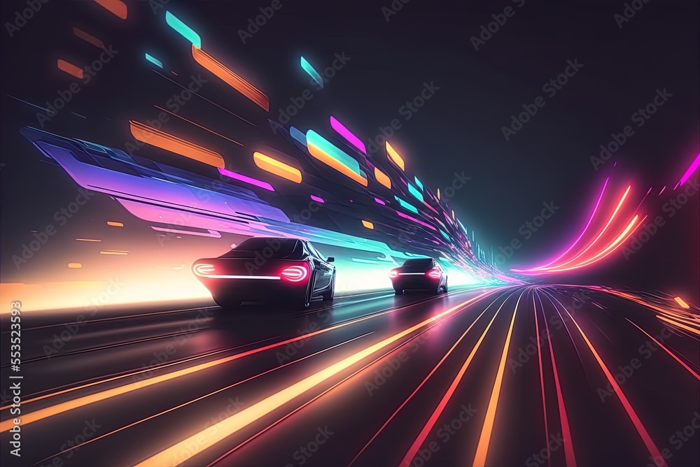 a backdrop of flashing neon lights at high speeds Generative AI Stock