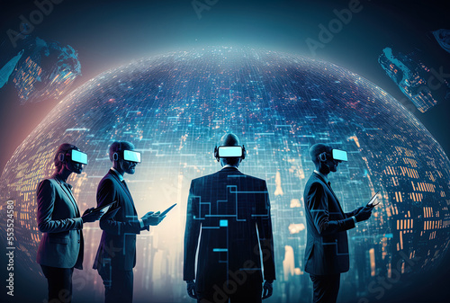 Metaverse technology in virtual worlds. Business and international leaders, contemporary internet usage, data analysis, communication, or online marketing. Generative AI © 2rogan