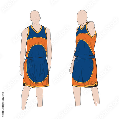 Basketball uniform or sport jersey, basketball club. Sleeveless basketbal design front and back view. Tank top t-shirt mock up with basketball flat logo design. Vector Illustration