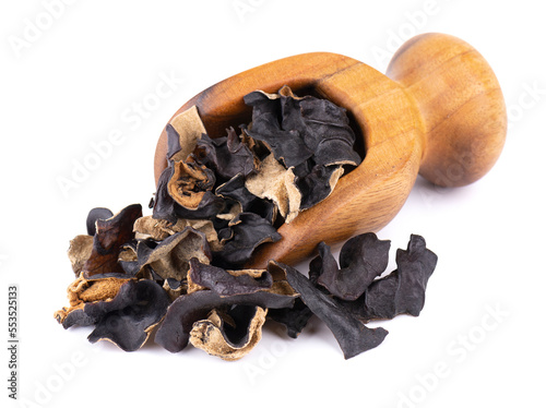 Dry black fungus in wooden scoop, isolated on white background. Chinese black mushroom or tree black muer mushroom. Auricularia polytricha. photo