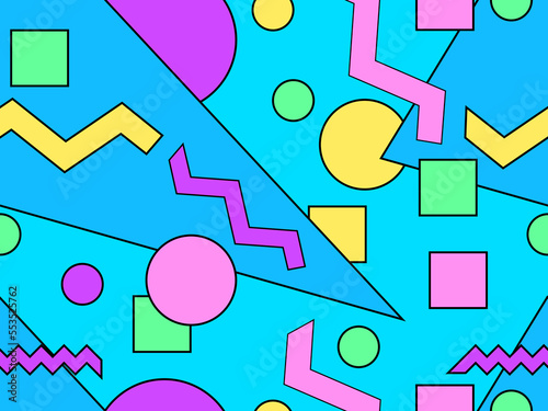 Memphis seamless pattern with geometric shapes in 80s style.