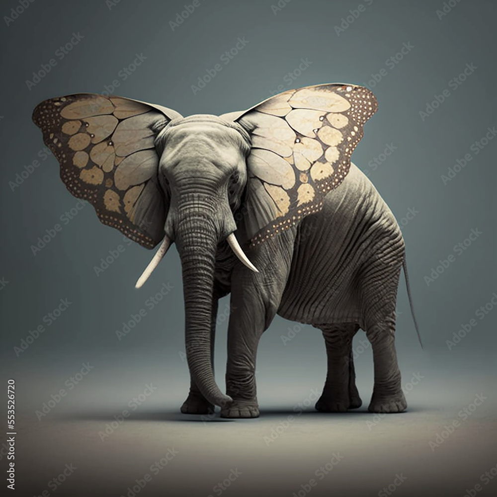 Ai generated elephant and butterfly hybrid animal. Created using ai generative.  - obrazy, fototapety, plakaty 