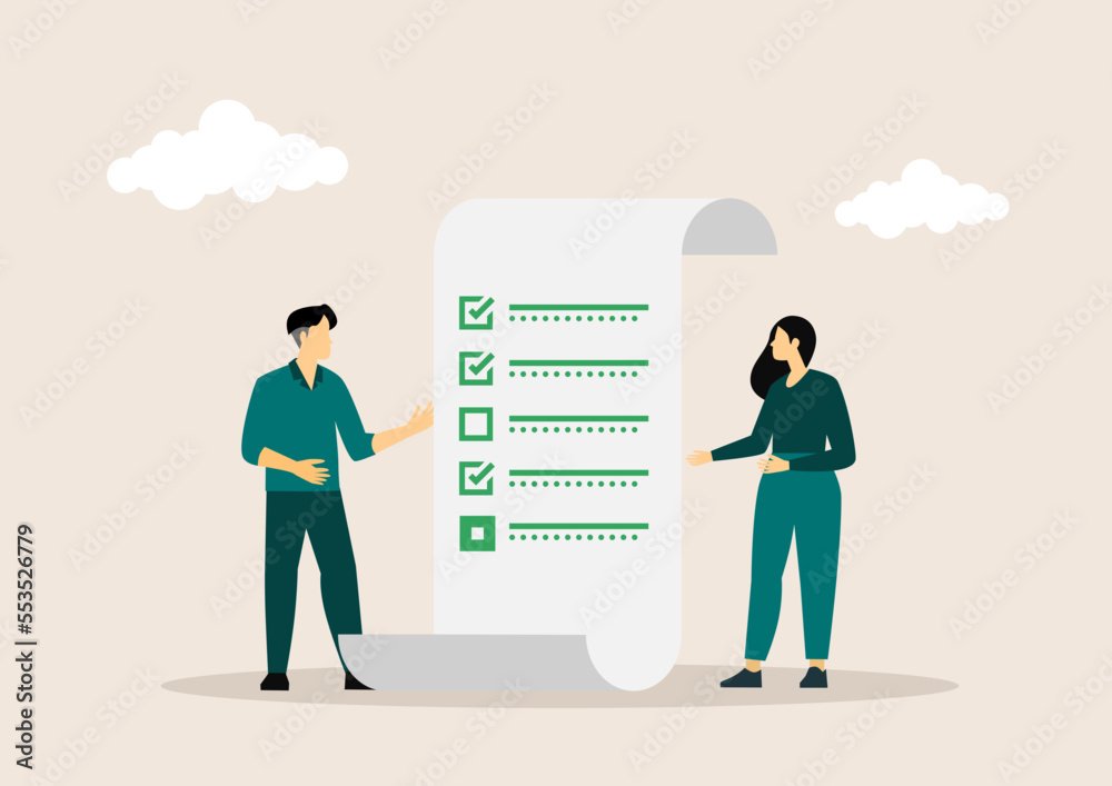 A positive business man and woman point to the direction marked with a checklist on chalkboard paper. Successfully complete business assignments. Flat vector illustration. A positive business man and woman point to the direction marked with a checklist on chalkboard paper. Successfully complete business assignments. Flat vector illustration.