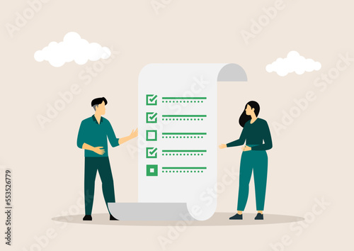 A positive business man and woman point to the direction marked with a checklist on chalkboard paper. Successfully complete business assignments. Flat vector illustration.