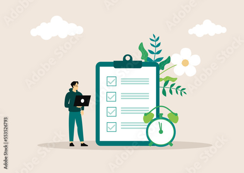 Soft skills concept. Business people or employee with self management and scheduling skill. Time management, self-regulation learning, self-discipline and motivation. Flat vector illustration