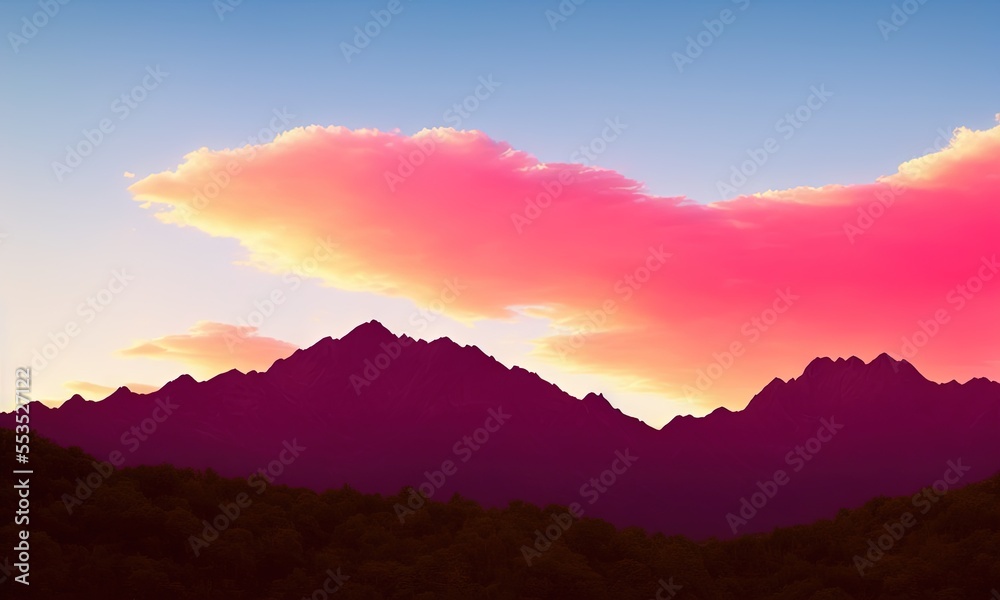 Fototapeta premium Background - Arcane ruby glow reflecting off the clouds above a mountain range