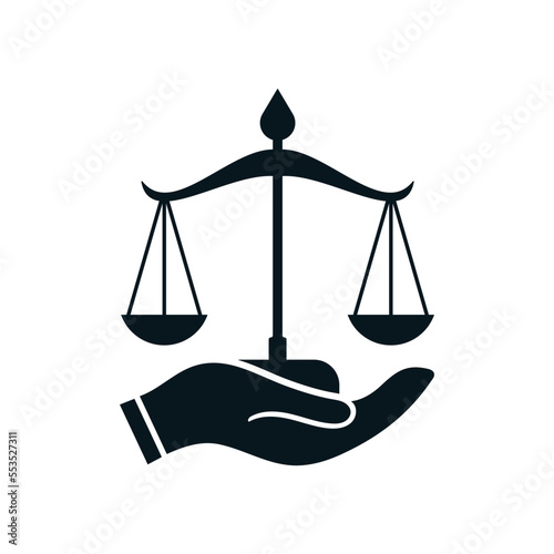  single hand holding scales of justice. law service logo icon.