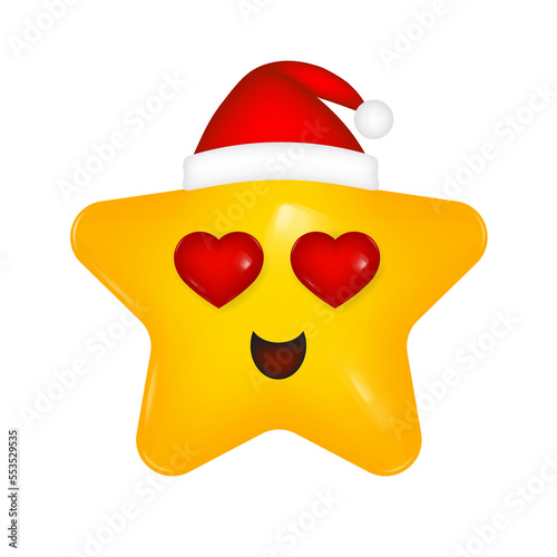3d icon of a yellow star with a smiling face. Happy cartoon character. Christmas hat. Happy New Year. Emoji. Heart-shaped eyes. In love smile. Red hearts