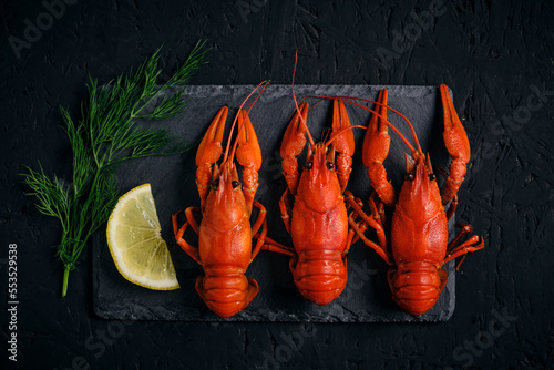 Boiled river crayfish with lemon and dillon slate board and dark background.
