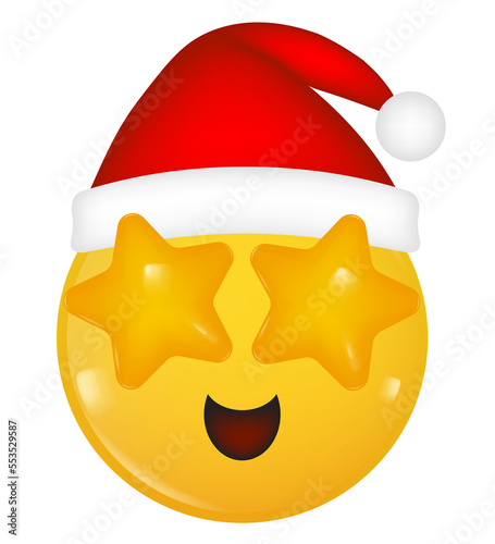 Yellow 3d icon of a smiling face. Christmas hat. Happy New Year. Starry eyed face. Stars in the eyes. Emoji