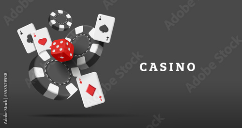 3d dices black playing cards four aces and falling poker chips in black red and white colors. Casino big win poster with render composition.