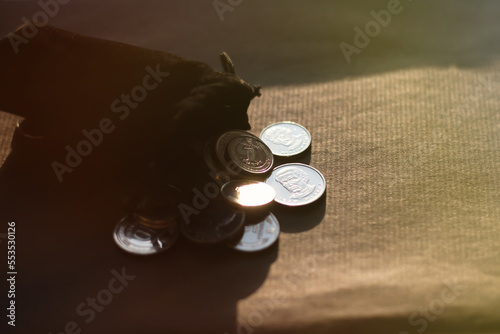 From a black velvet pouch, shiny metal coins are poured out in bright sunlight. Close-up with a blurred background.