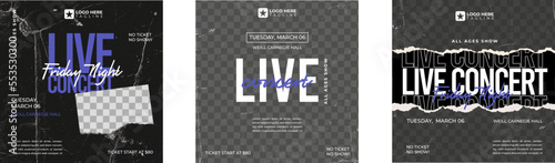 Editable Instagram template. Design for social media. Live Concert Music Post with grunge paper concept