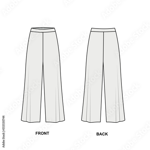Sketch fashionable wide leg pants. Technical drawing of full length trousers. Flared trousers template, vector