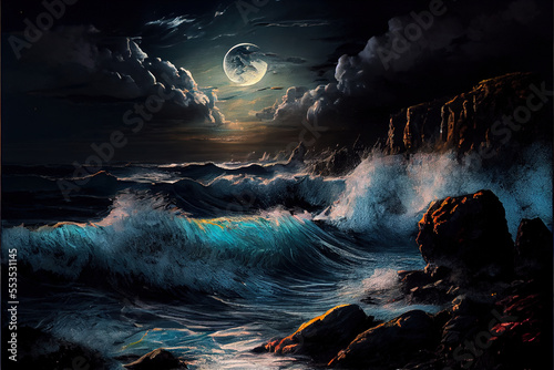 ai midjourney illustration of a stormy seascape by rocks in the moonshine in the night