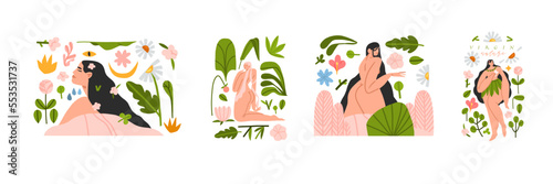 Hand drawn vector abstract modern graphic,clipart illustration of young female character in tropical nature with abstract shapes,leaves,flowers.Modern woman mental health design concept.Female beauty.
