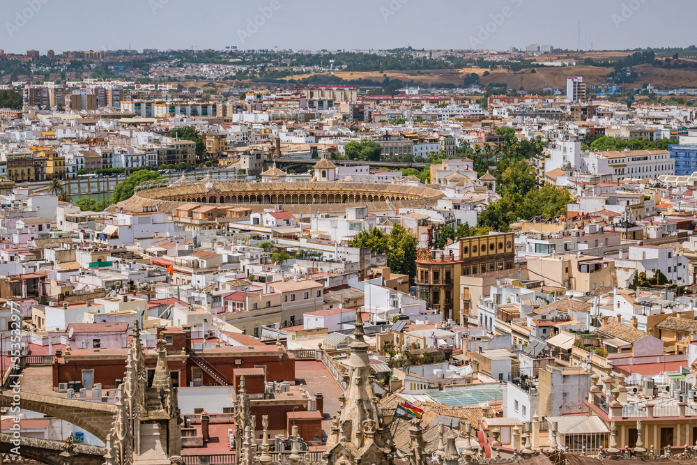 Architecture of the downtown of Seville with the Real Maestranza bullring in aerial view, SPAIN
