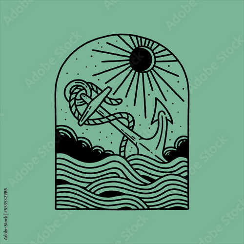 Anchor with ocean and sun vector illustration