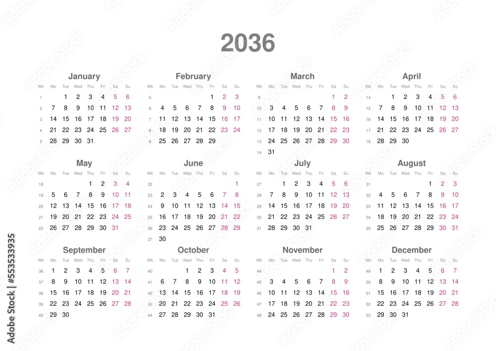 Kalender 2036, englisch, Querformat