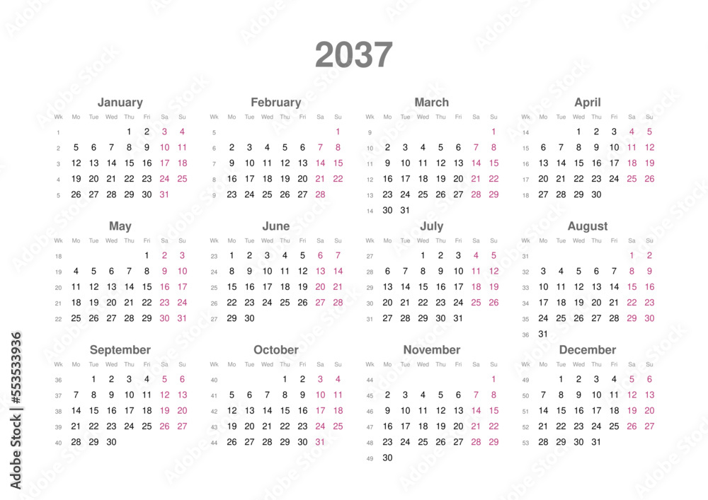Kalender 2037, englisch, Querformat Kalender 2037, englisch, Querformat