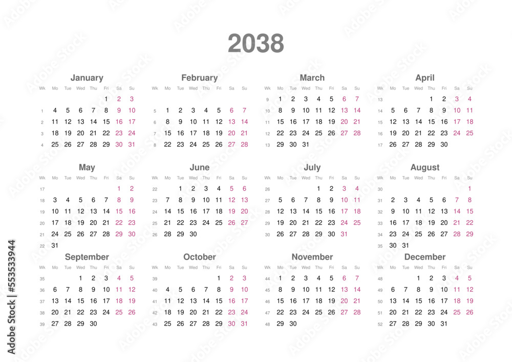 Kalender 2038, englisch, Querformat