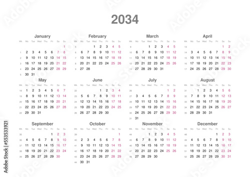 Kalender 2034, englisch, Querformat