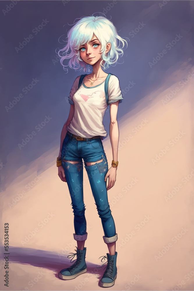 an anime girl in a cartoon styled which is tanned in blue jeans, generative  ai technology ilustración de Stock | Adobe Stock
