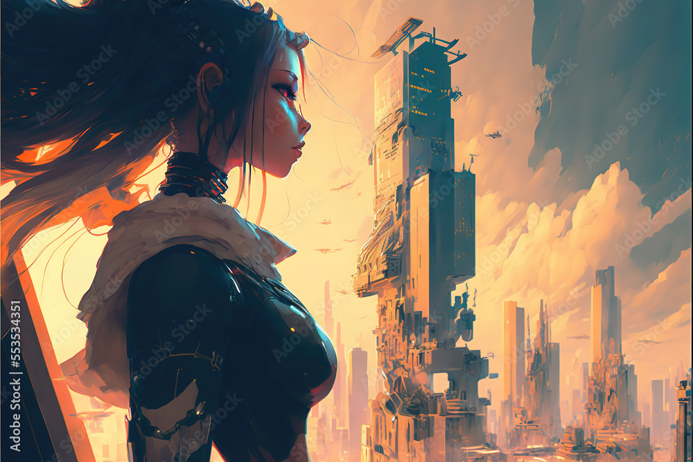 a cyborg anime girl standing in front of a big tower of a future world, generative ai technology