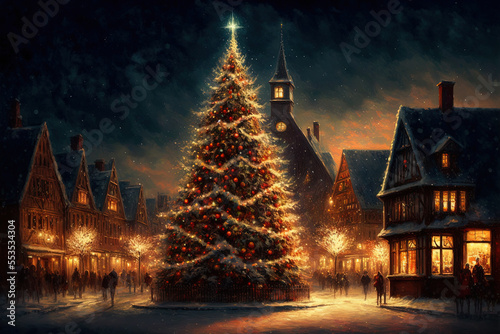 Illuminated Christmas tree in the center of village. Christmas night. Winter landscape with pine tree and houses. Market street. Happy new year. Generative AI