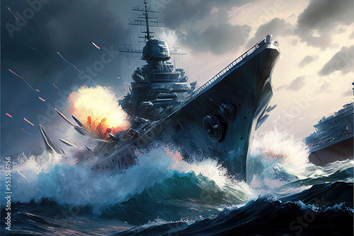 Canvastavla a battleship illustration of fight scene on high waters, concept art, generative