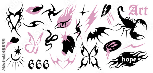 Vector set of Y2k icons or stickers. Brutalist design tattoo compositions or prints. Psychedelic style.