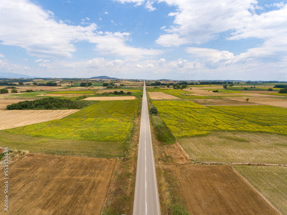 Aerial view of an endless empty road across the fields