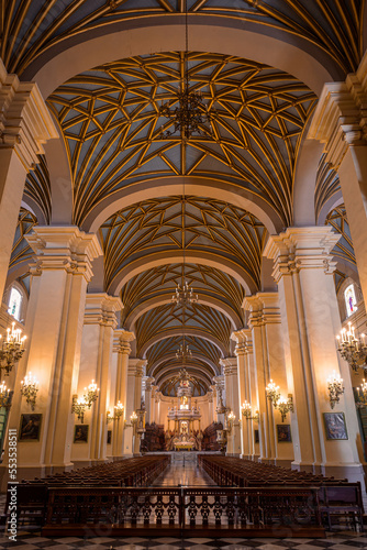 Central nave of the cathedral church, Lima, Peru. The ceiling has Gothic ribs.