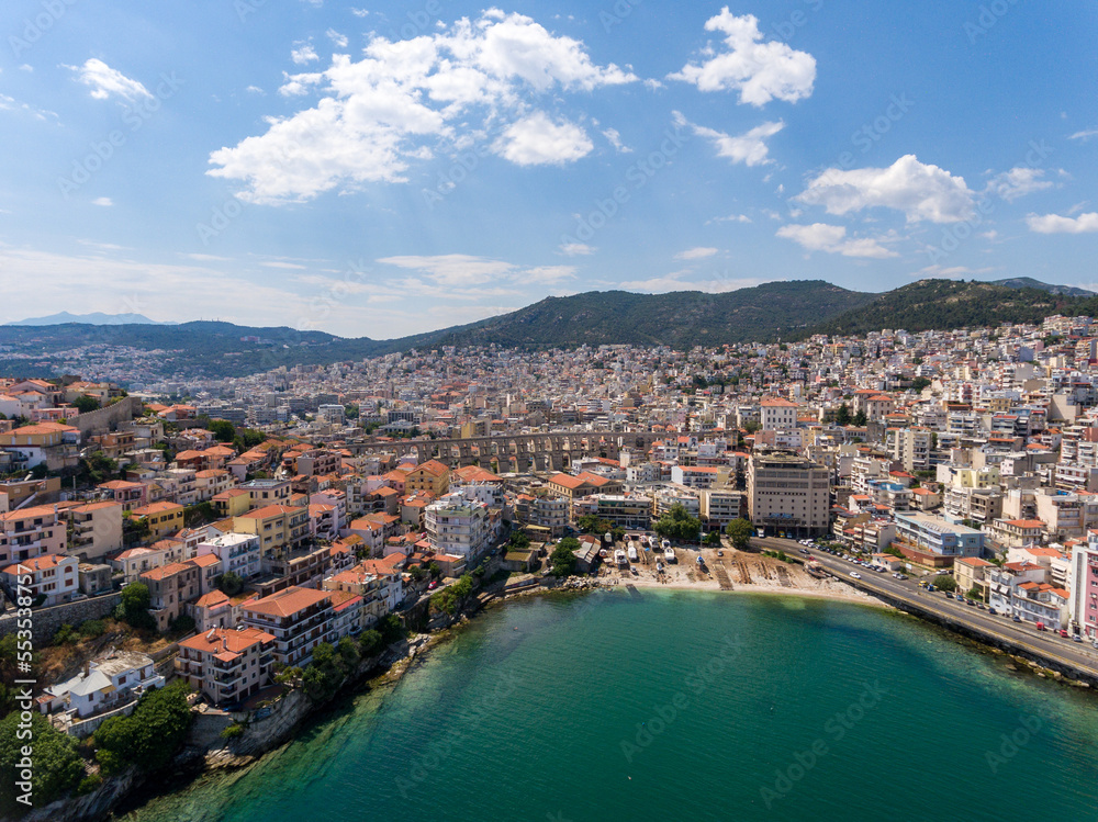 Aerial view of the city of Kavala, Greece.  Ottoman aqueduct in the city centre.