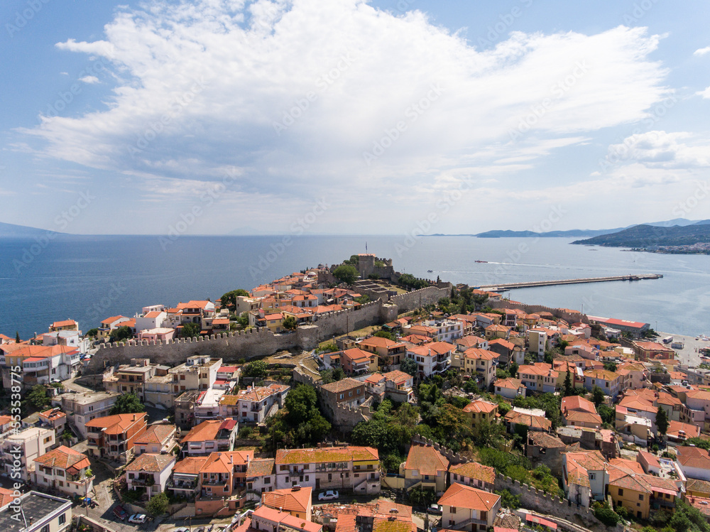 Aerial view of the city of Kavala, Greece.  Ottoman Castle in the city old town.