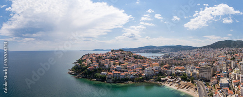 Panoramic aerial view of the city of Kavala, Greece. Ottoman aqueduct in the city centre.