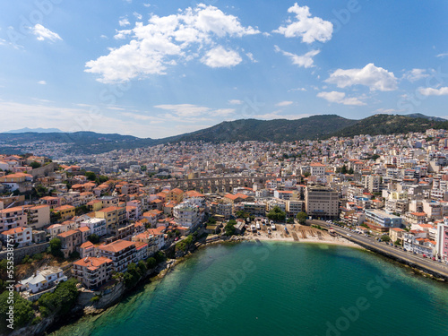 Aerial view of the city of Kavala, Greece. Ottoman aqueduct in the city centre.