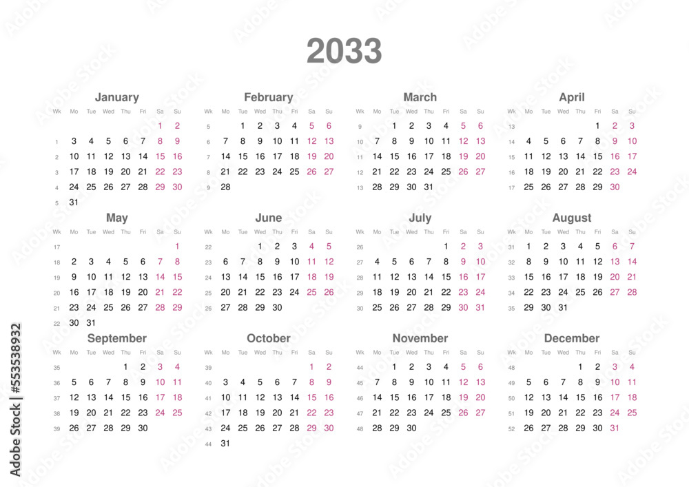 Kalender 2033, englisch, Querformat Kalender 2033, englisch, Querformat