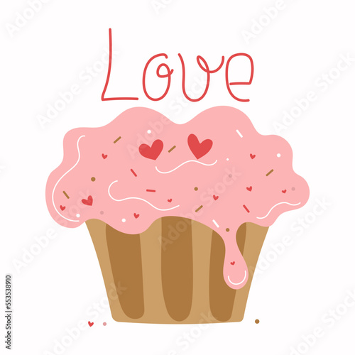 Cake and hearts in a doodle style. Sweet cream cake . Valentines Day  wedding  decor.  Design for cards. Vector illustration. Isolated background. 
