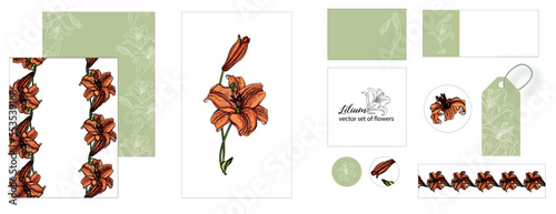 set of postcards with Lily flowers. exotic, romantic, isolated, vintage