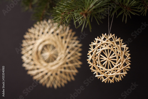 Snowflake are made of straw. Christmas decor. Small depth of field