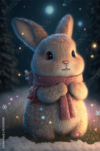 cute little rabbit celebrates christmas and new year in winter forest
