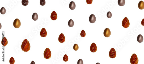 3d render illustration. Set of chocolate easter eggs .Set of different 3D realistic, shiny, golden,