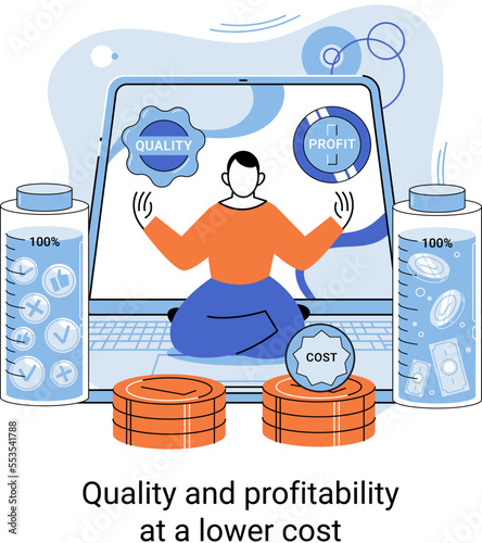 Quality and profitability at lower cost. Business strategy, financial analytics. Increasing profit. Sales manager, accounting, promotion and operations concept. Businessman manages financial growth