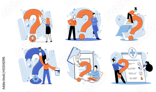 Question mark, obtaining information of interest. Problem and solution concept metaphor. FAQ help. Decision of information task, ask questions and receive answers, paint ladge sign decision of doubts