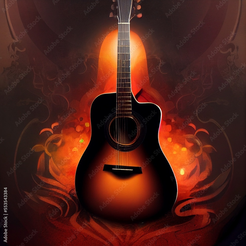 acoustic guitar on red background