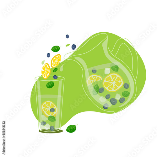 A glass with a healthy drink.  Cold detox water with fruit, berries, mint and ice. Natural lemonade in a glass jug.  Drops of refreshing water. Healthy lifestyle.  Summer refreshing drink. Vector.