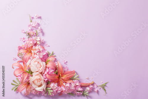 beautiful summer flowers on color paper background