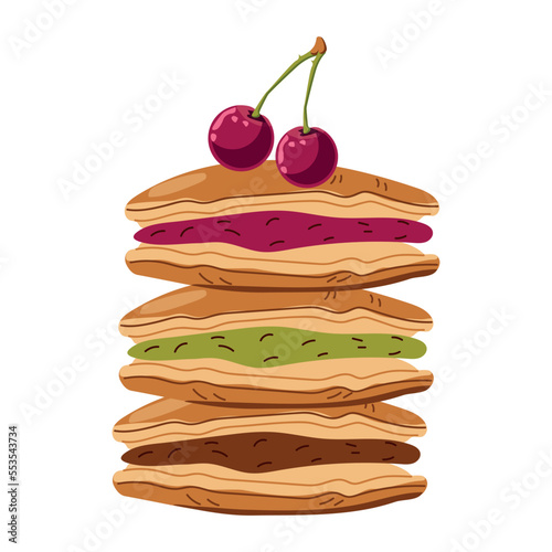 Dorayaki pancakes with different fillings and cherries on a white background. Asian food. Vector illustration for restaurants, menus, decor