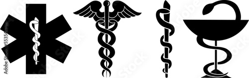 Medical symbol icons set. Star of Life with cross, caduceus, Rod of Asclepius and pharmacy symbol Bowl of Hygieia. Isolated on white background. Logo sign concept. Medicine. Vector illustration. photo